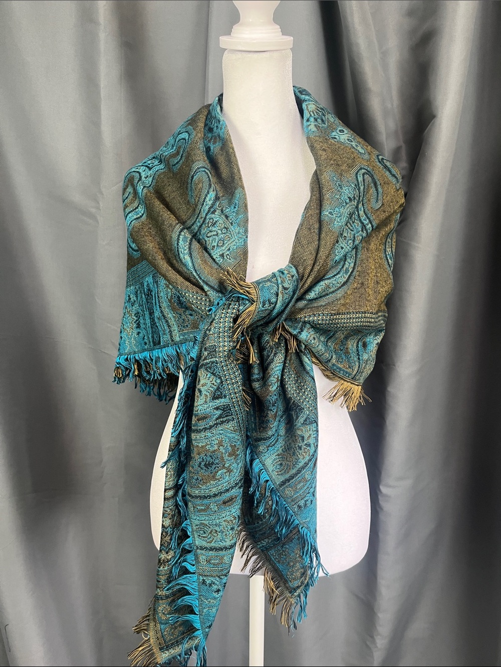 pashmina Teal and Olive Paisley Fringe Wrap